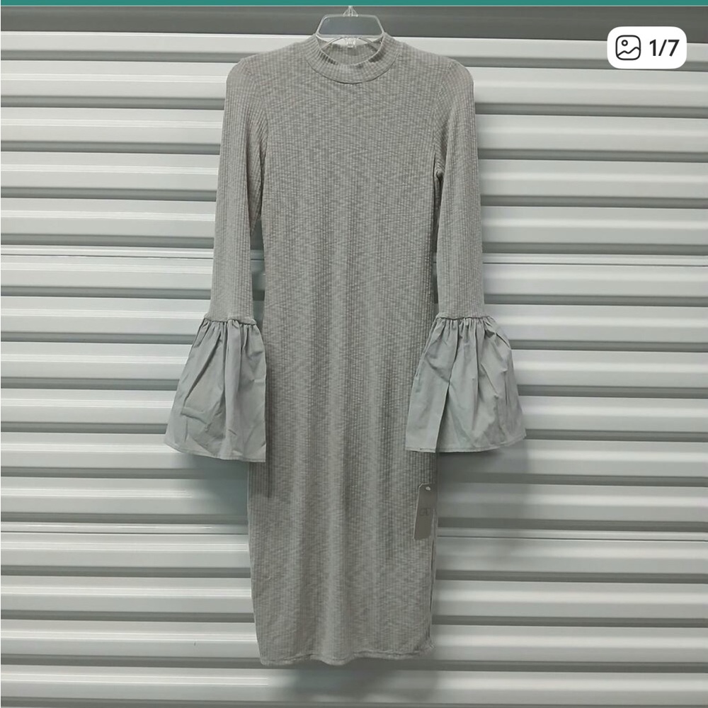CAD Women's Sweater Dress Size Medium Gray Stretch Bell Sleeve Crew Neck Party